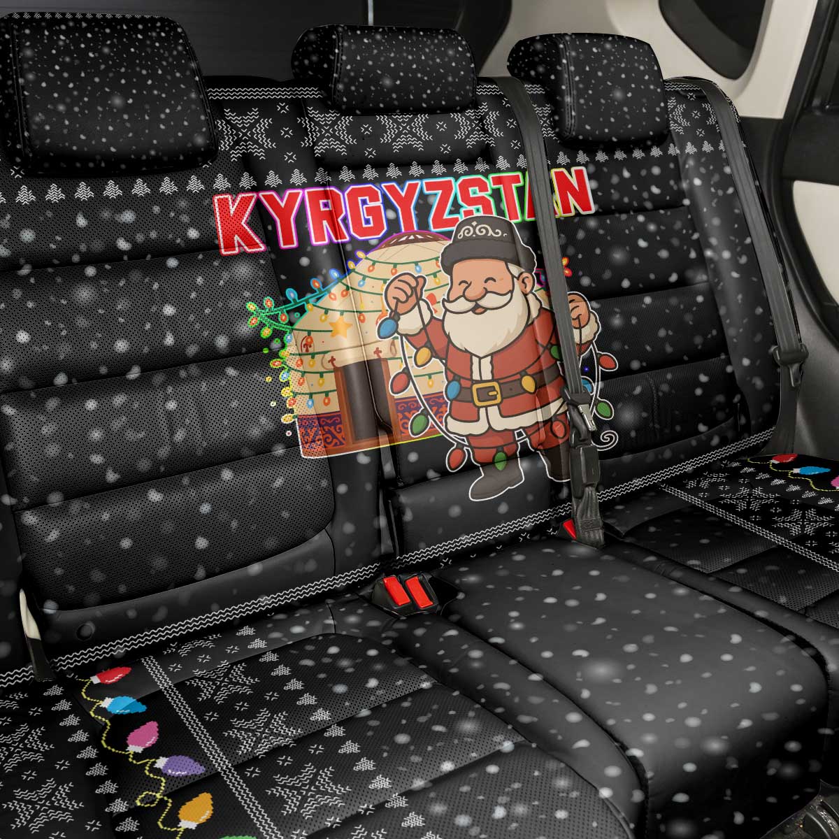 Kyrgyzstan Christmas Back Car Seat Cover with Santa Decorating Yurt Colorful Lights Snowflakes and National - Wonder Print Shop