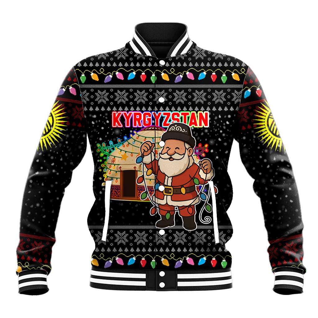 Kyrgyzstan Christmas Baseball Jacket with Santa Decorating Yurt Colorful Lights Snowflakes and National - Wonder Print Shop