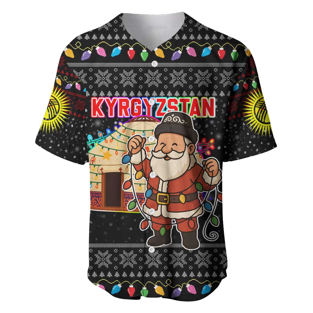 Kyrgyzstan Christmas Baseball Jersey with Santa Decorating Yurt Colorful Lights Snowflakes and National - Wonder Print Shop
