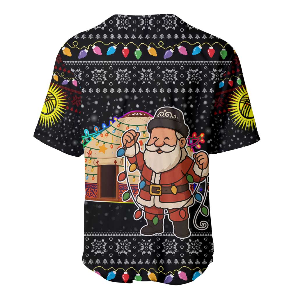 Kyrgyzstan Christmas Baseball Jersey with Santa Decorating Yurt Colorful Lights Snowflakes and National - Wonder Print Shop
