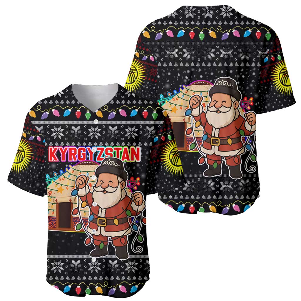 Kyrgyzstan Christmas Baseball Jersey with Santa Decorating Yurt Colorful Lights Snowflakes and National - Wonder Print Shop