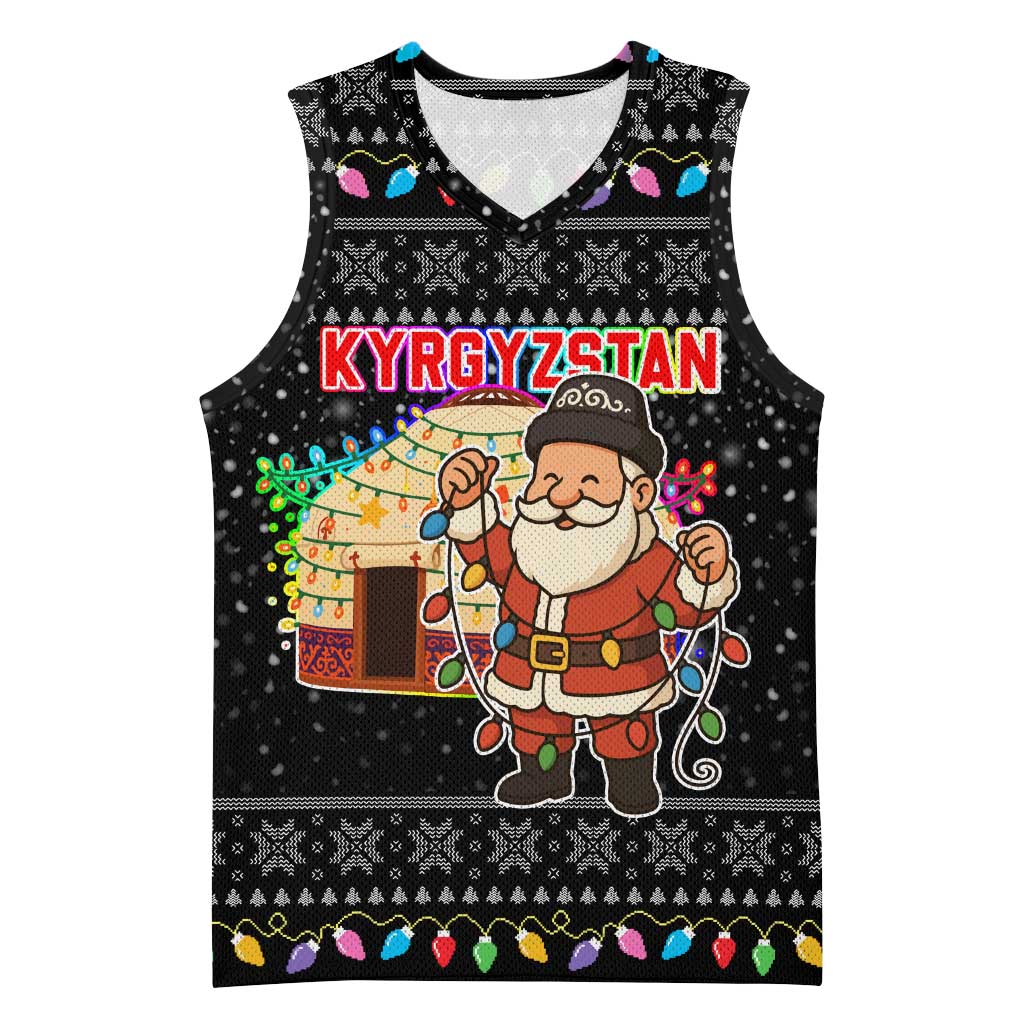 Kyrgyzstan Christmas Basketball Jersey with Santa Decorating Yurt Colorful Lights Snowflakes and National - Wonder Print Shop