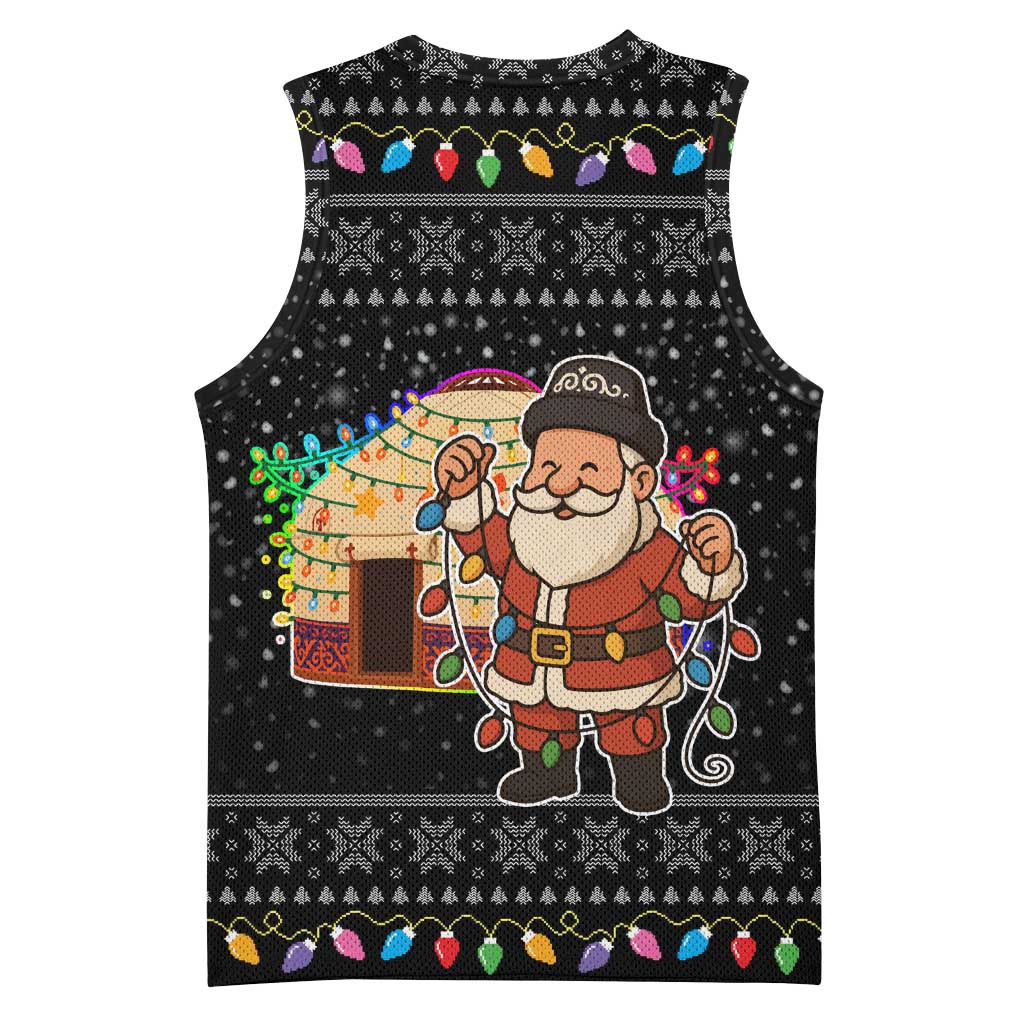 Kyrgyzstan Christmas Basketball Jersey with Santa Decorating Yurt Colorful Lights Snowflakes and National - Wonder Print Shop