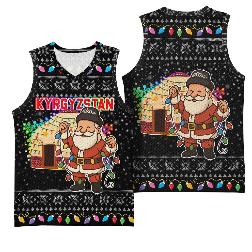 Kyrgyzstan Christmas Basketball Jersey with Santa Decorating Yurt Colorful Lights Snowflakes and National - Wonder Print Shop