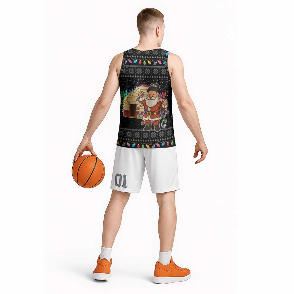 Kyrgyzstan Christmas Basketball Jersey with Santa Decorating Yurt Colorful Lights Snowflakes and National - Wonder Print Shop