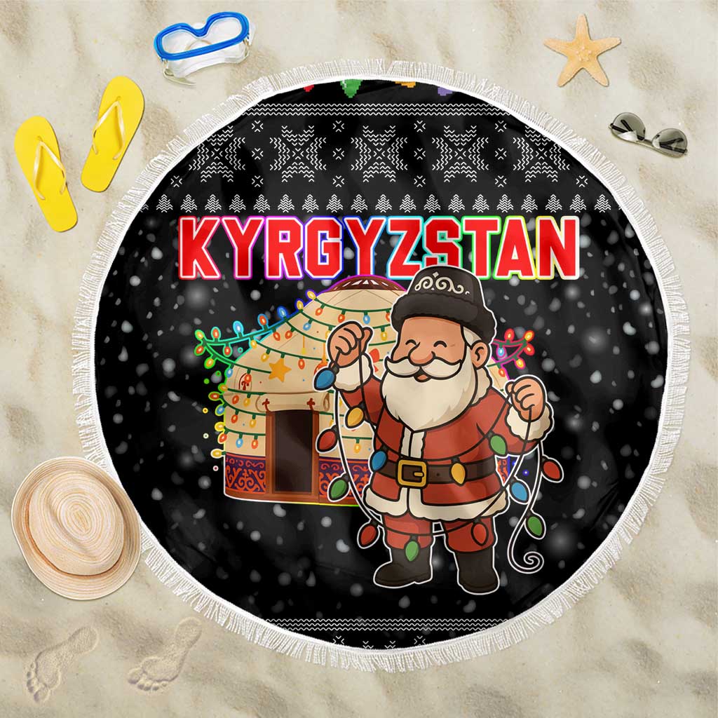 Kyrgyzstan Christmas Beach Blanket with Santa Decorating Yurt Colorful Lights Snowflakes and National - Wonder Print Shop