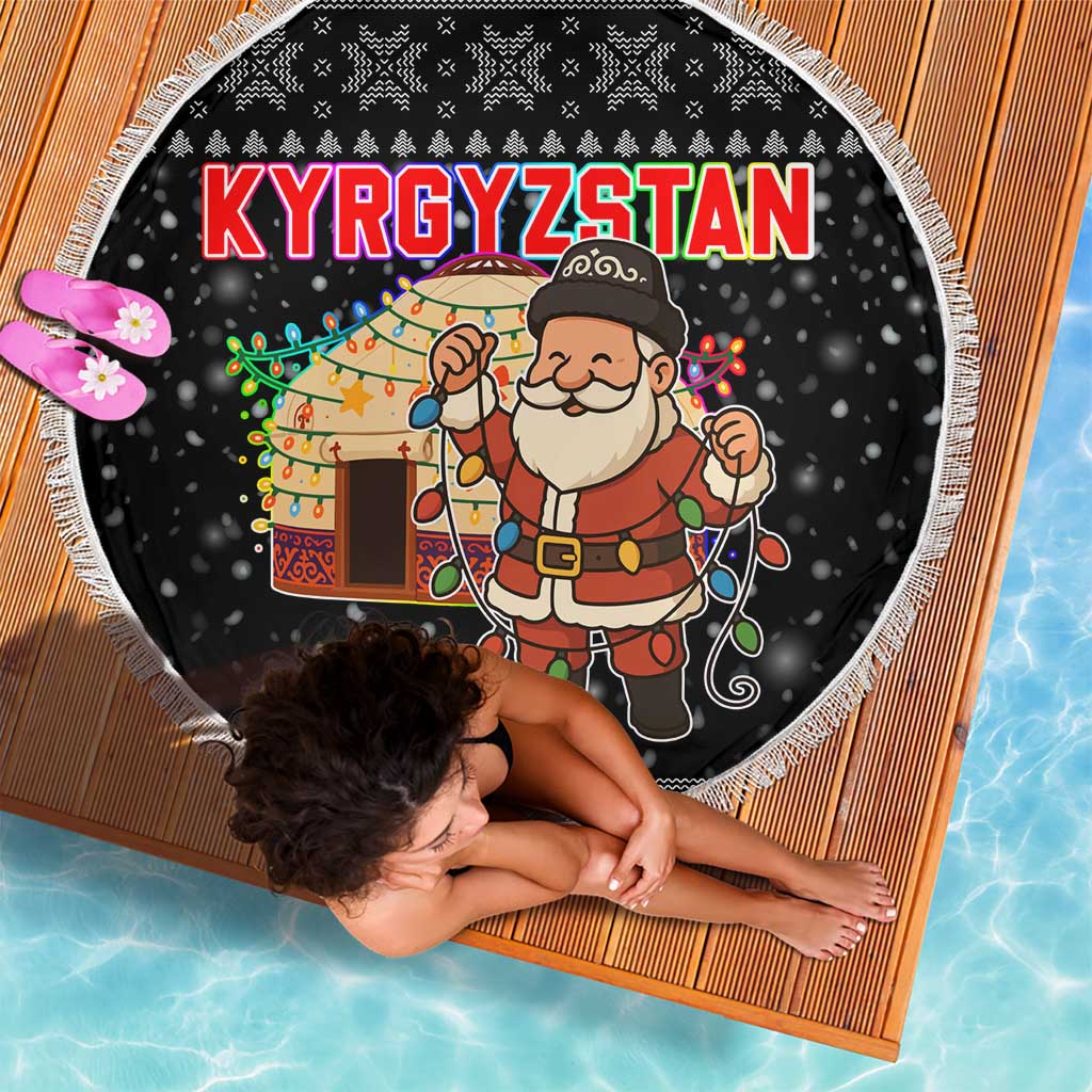 Kyrgyzstan Christmas Beach Blanket with Santa Decorating Yurt Colorful Lights Snowflakes and National - Wonder Print Shop