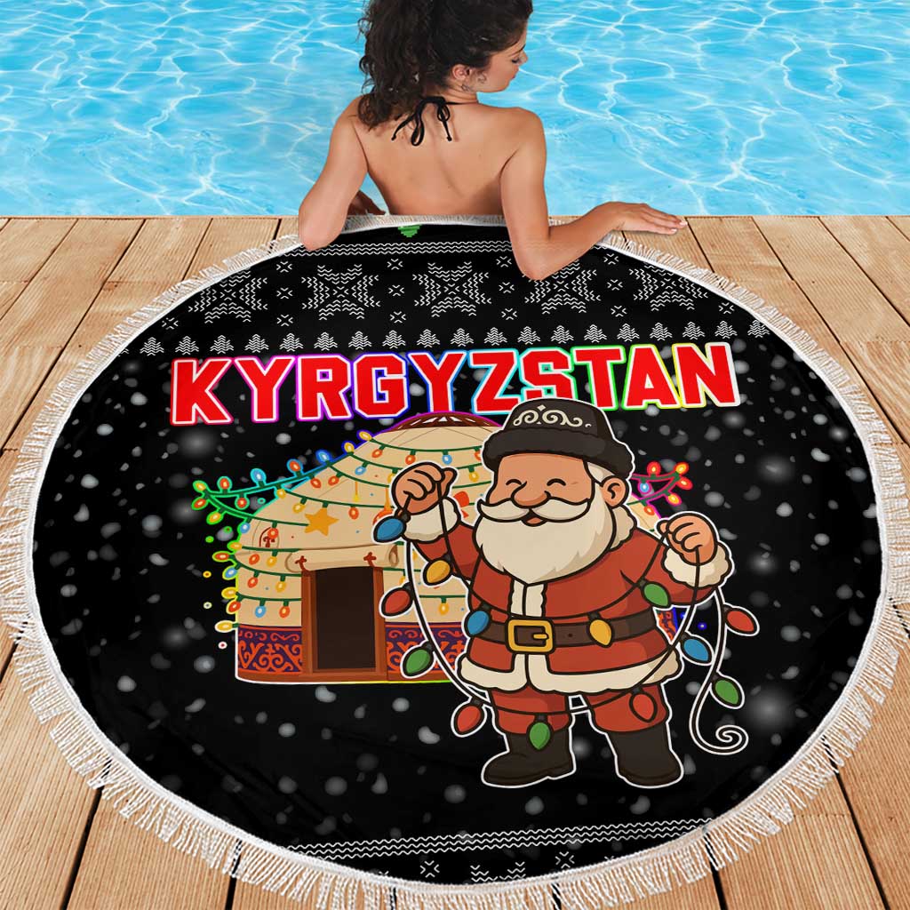 Kyrgyzstan Christmas Beach Blanket with Santa Decorating Yurt Colorful Lights Snowflakes and National - Wonder Print Shop