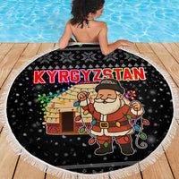 Kyrgyzstan Christmas Beach Blanket with Santa Decorating Yurt Colorful Lights Snowflakes and National - Wonder Print Shop