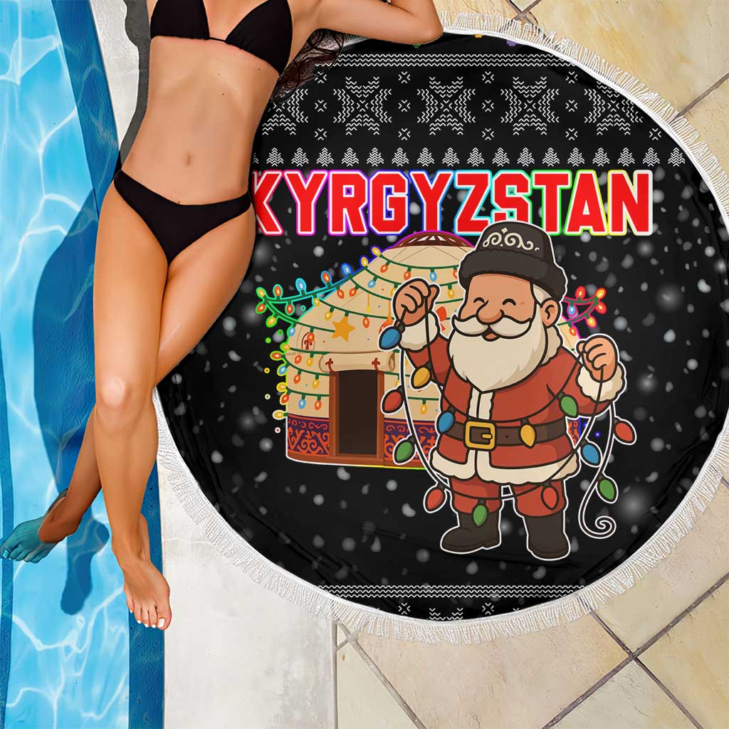 Kyrgyzstan Christmas Beach Blanket with Santa Decorating Yurt Colorful Lights Snowflakes and National - Wonder Print Shop