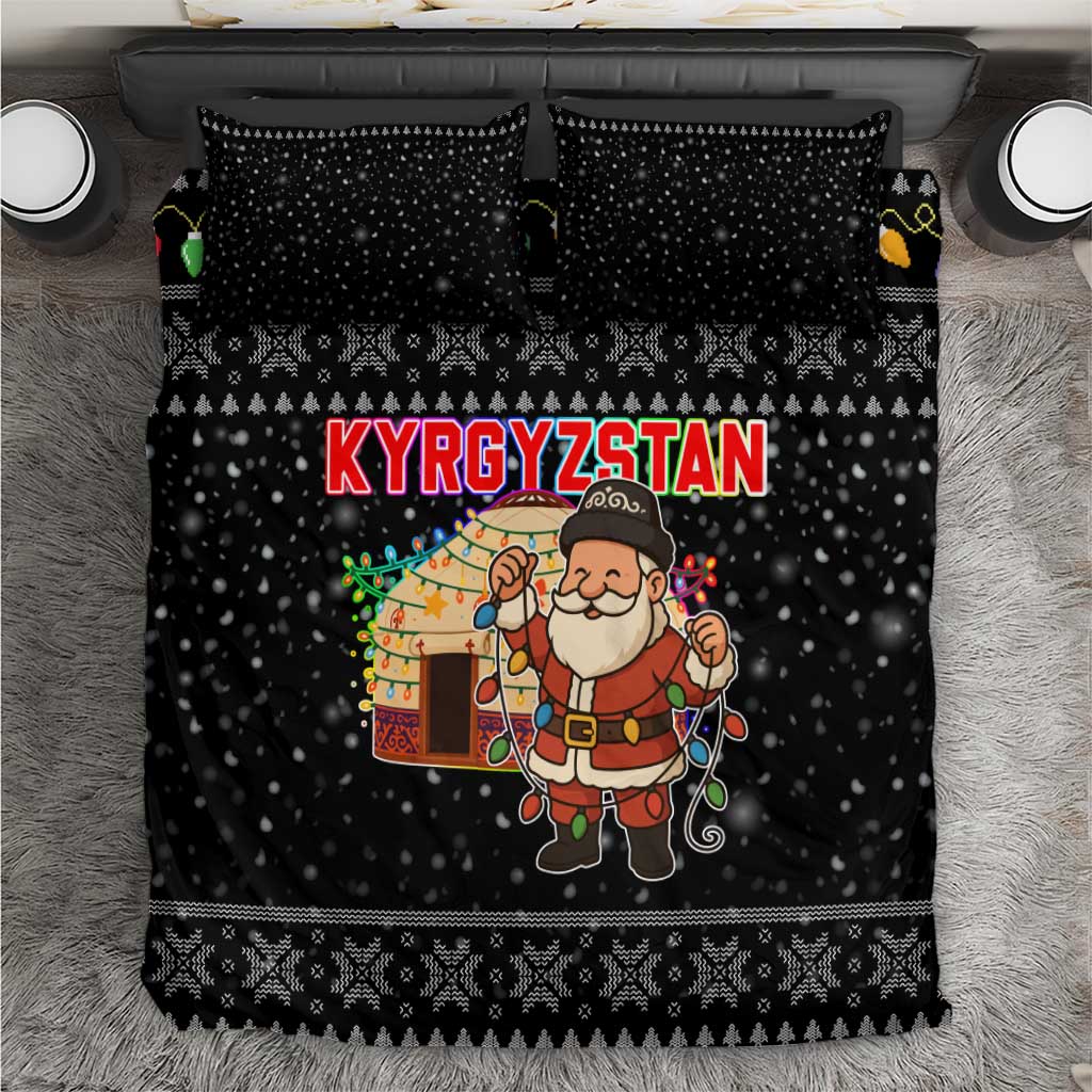 Kyrgyzstan Christmas Bedding Set with Santa Decorating Yurt Colorful Lights Snowflakes and National - Wonder Print Shop