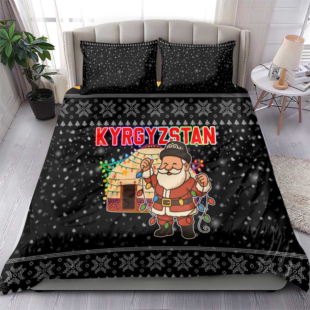 Kyrgyzstan Christmas Bedding Set with Santa Decorating Yurt Colorful Lights Snowflakes and National - Wonder Print Shop