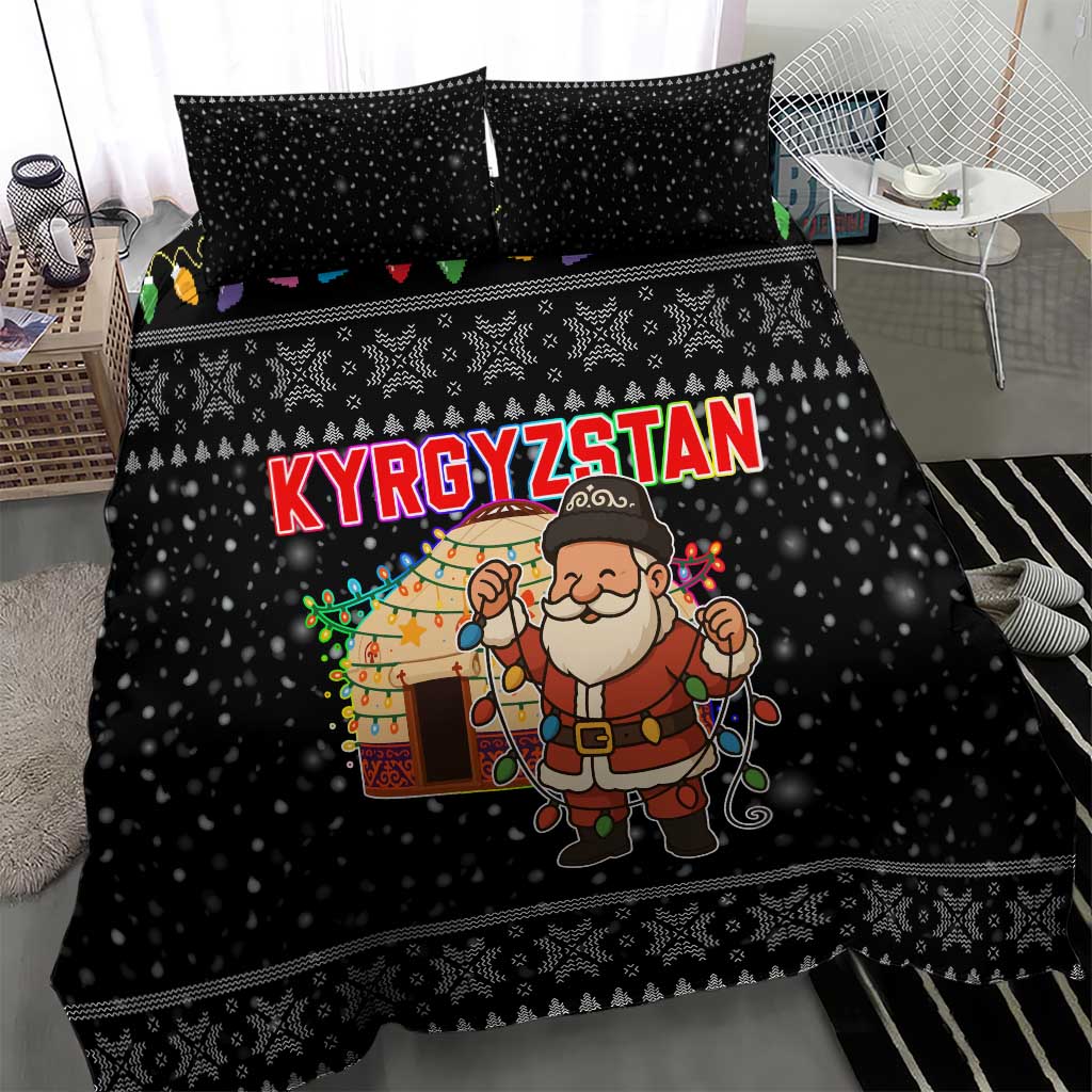 Kyrgyzstan Christmas Bedding Set with Santa Decorating Yurt Colorful Lights Snowflakes and National - Wonder Print Shop