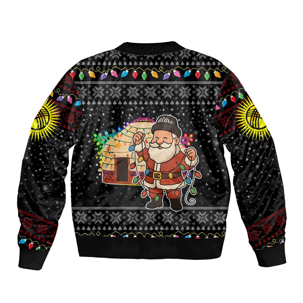 Kyrgyzstan Christmas Bomber Jacket with Santa Decorating Yurt Colorful Lights Snowflakes and National - Wonder Print Shop
