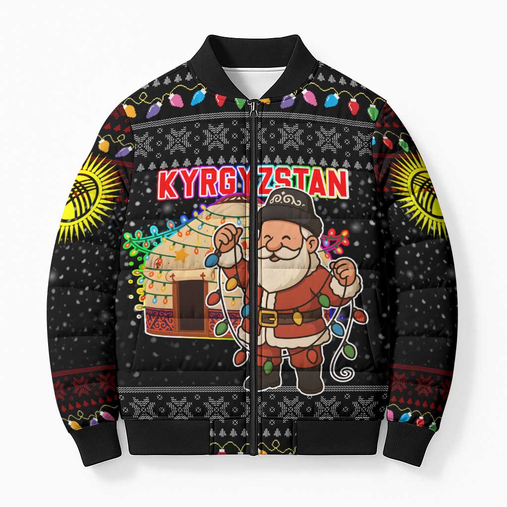 Kyrgyzstan Christmas Bomber Puffer Jacket with Santa Decorating Yurt Colorful Lights Snowflakes and National - Wonder Print Shop