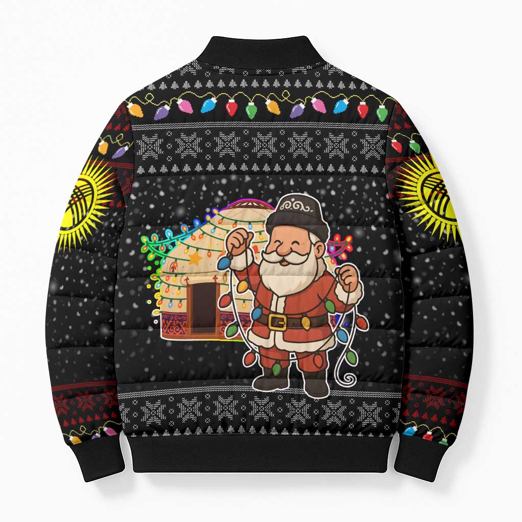 Kyrgyzstan Christmas Bomber Puffer Jacket with Santa Decorating Yurt Colorful Lights Snowflakes and National - Wonder Print Shop