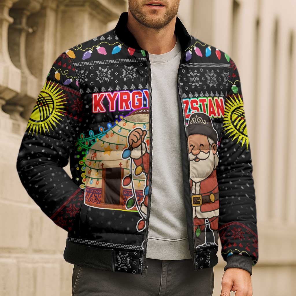 Kyrgyzstan Christmas Bomber Puffer Jacket with Santa Decorating Yurt Colorful Lights Snowflakes and National - Wonder Print Shop