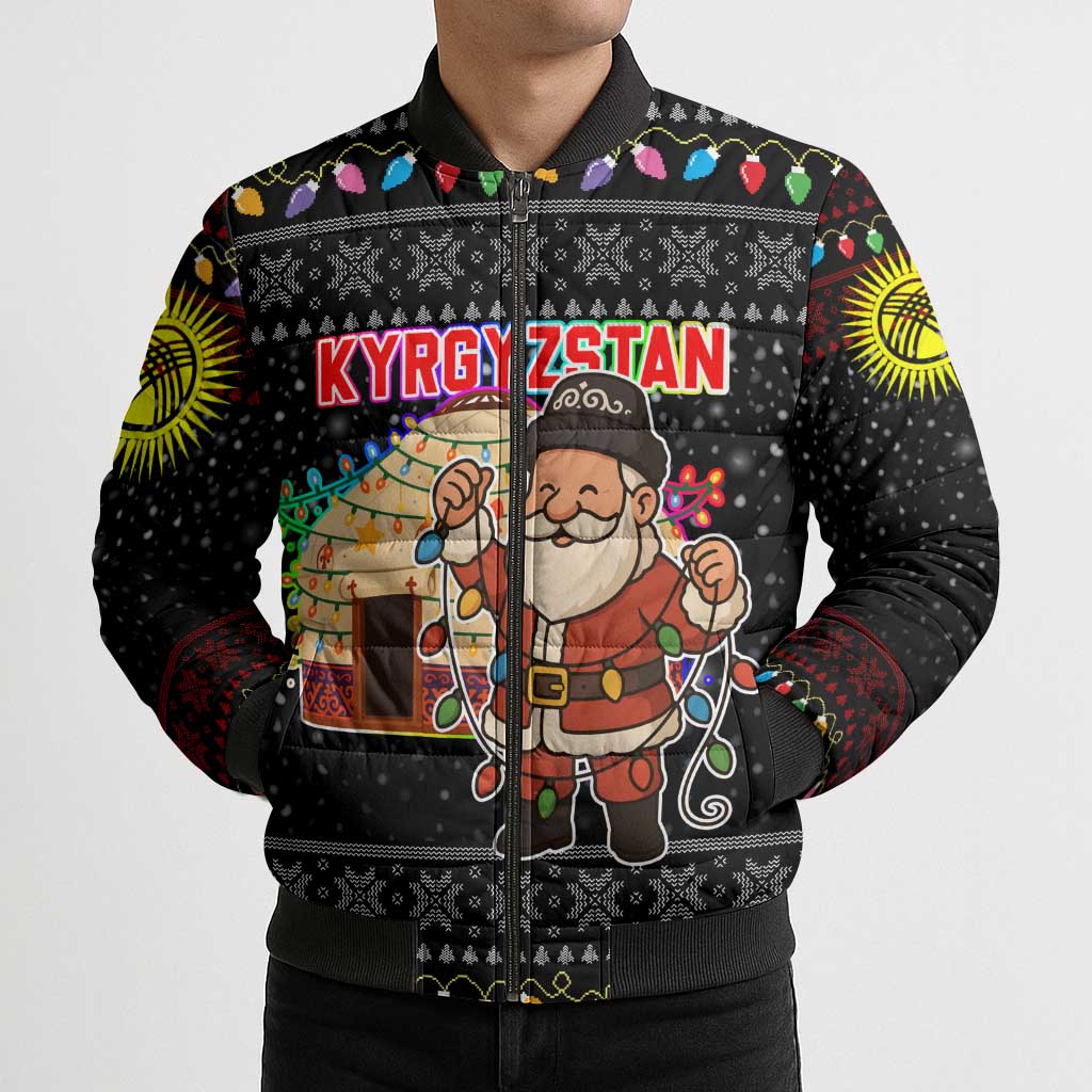 Kyrgyzstan Christmas Bomber Puffer Jacket with Santa Decorating Yurt Colorful Lights Snowflakes and National - Wonder Print Shop
