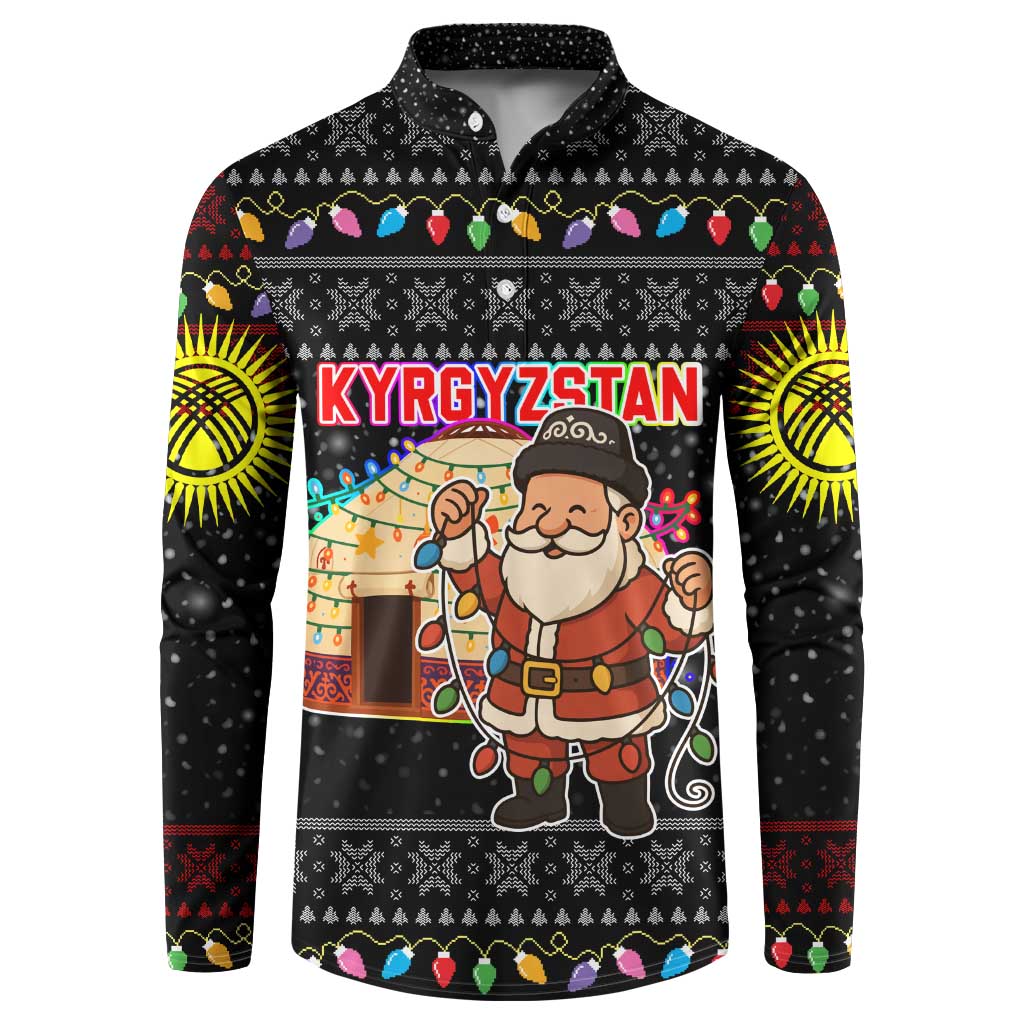 Kyrgyzstan Christmas Button Sweatshirt with Santa Decorating Yurt Colorful Lights Snowflakes and National - Wonder Print Shop