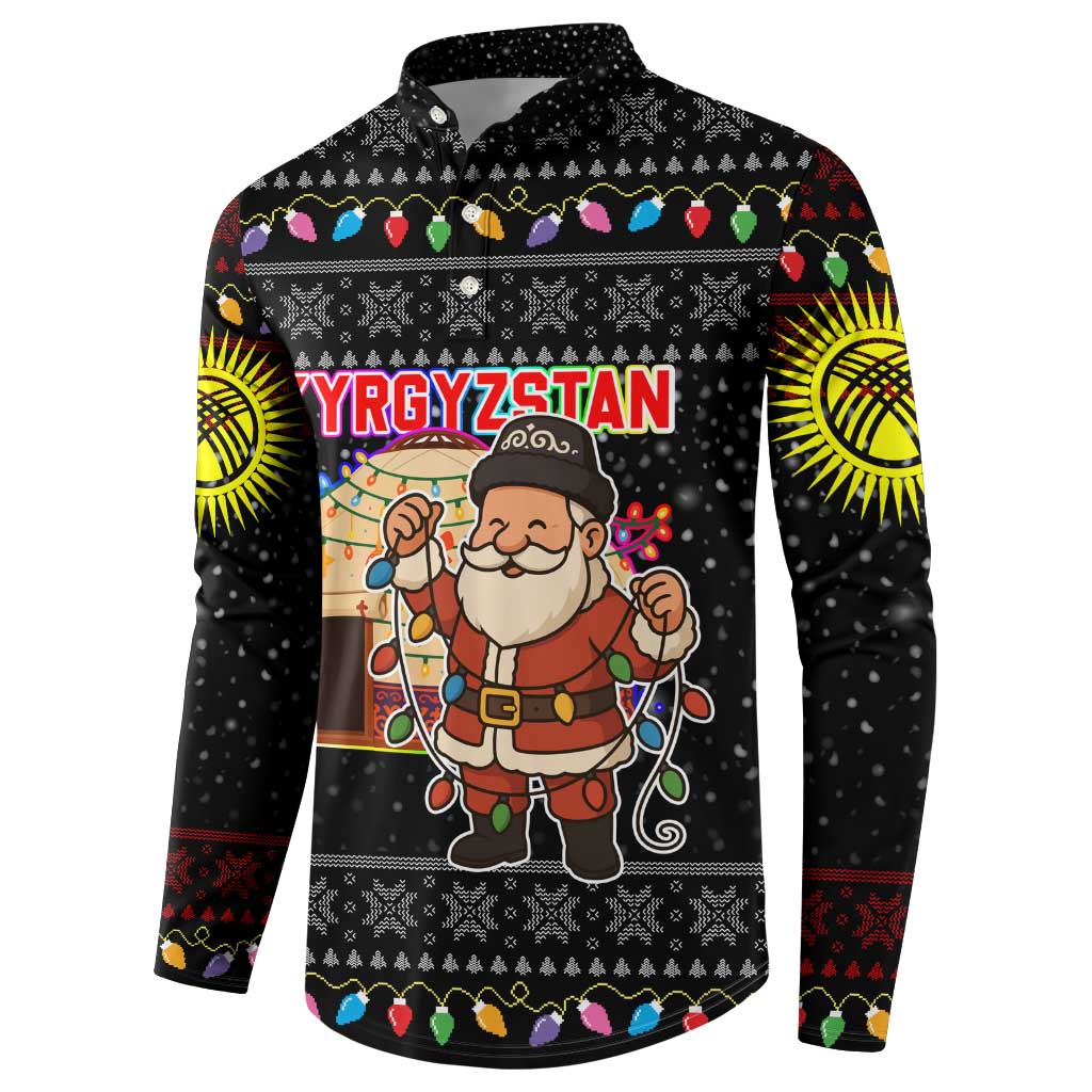Kyrgyzstan Christmas Button Sweatshirt with Santa Decorating Yurt Colorful Lights Snowflakes and National - Wonder Print Shop