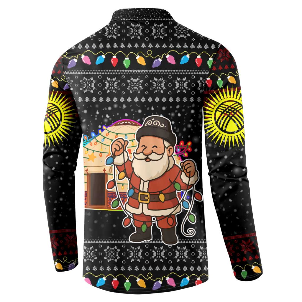 Kyrgyzstan Christmas Button Sweatshirt with Santa Decorating Yurt Colorful Lights Snowflakes and National - Wonder Print Shop