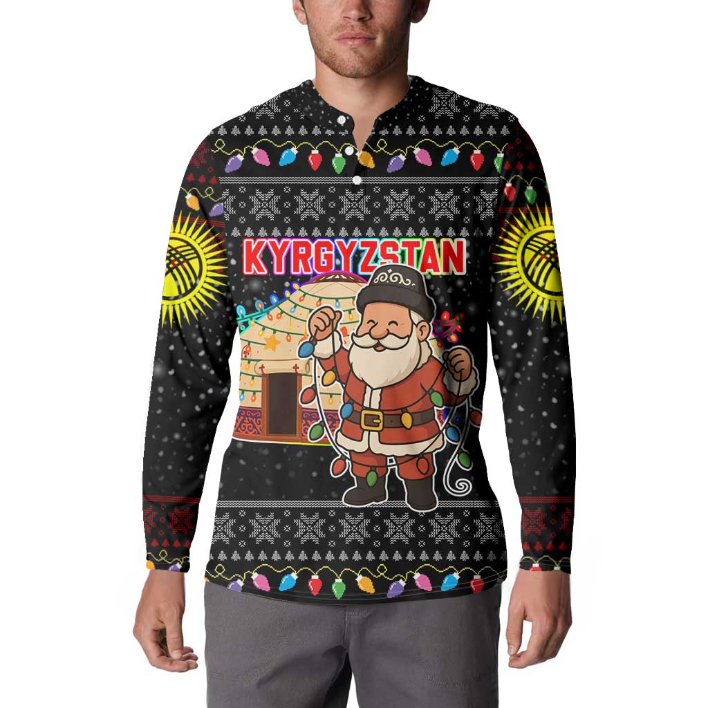 Kyrgyzstan Christmas Button Sweatshirt with Santa Decorating Yurt Colorful Lights Snowflakes and National - Wonder Print Shop
