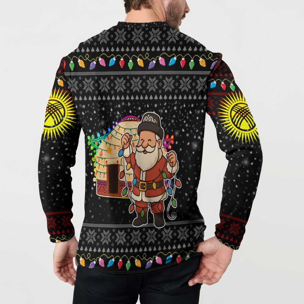 Kyrgyzstan Christmas Button Sweatshirt with Santa Decorating Yurt Colorful Lights Snowflakes and National - Wonder Print Shop
