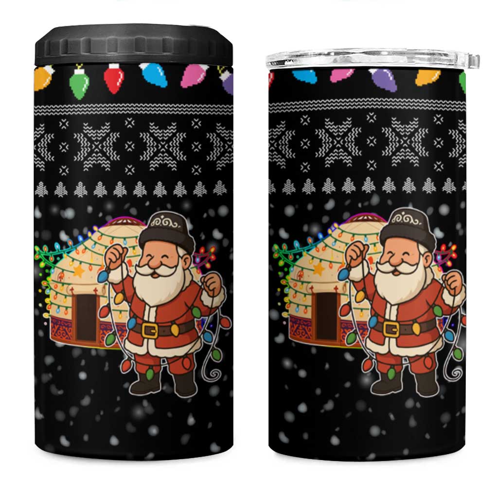 Kyrgyzstan Christmas 4 in 1 Can Cooler Tumbler with Santa Decorating Yurt Colorful Lights Snowflakes and National - Wonder Print Shop