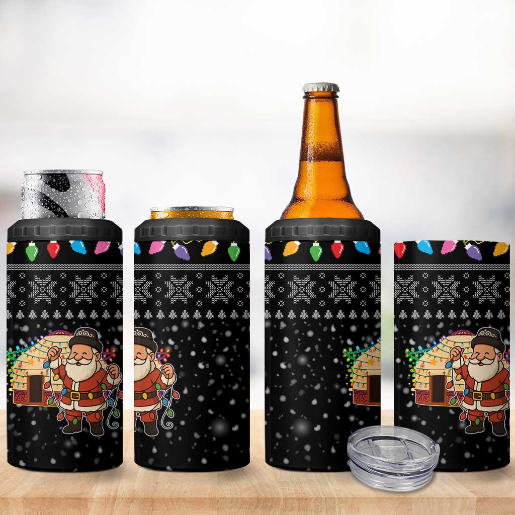 Kyrgyzstan Christmas 4 in 1 Can Cooler Tumbler with Santa Decorating Yurt Colorful Lights Snowflakes and National - Wonder Print Shop