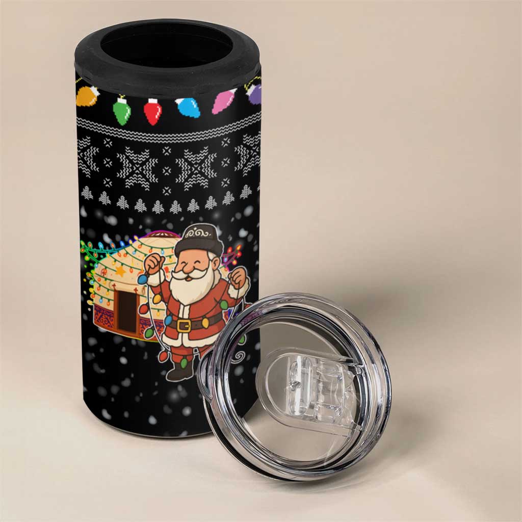 Kyrgyzstan Christmas 4 in 1 Can Cooler Tumbler with Santa Decorating Yurt Colorful Lights Snowflakes and National - Wonder Print Shop