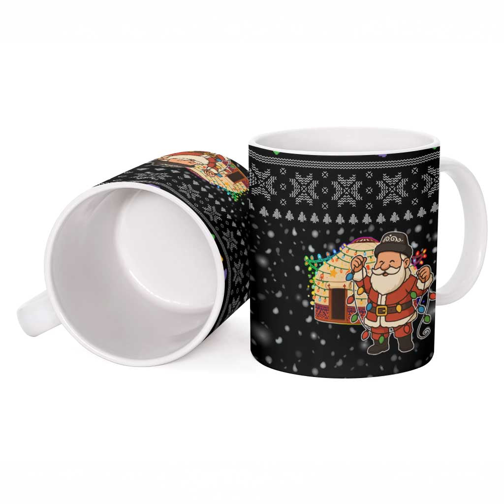Kyrgyzstan Christmas Ceramic Mug with Santa Decorating Yurt Colorful Lights Snowflakes and National - Wonder Print Shop