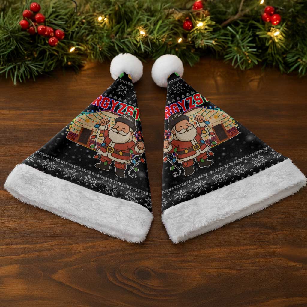Kyrgyzstan Christmas Santa Hat with Santa Decorating Yurt Colorful Lights Snowflakes and National - Wonder Print Shop