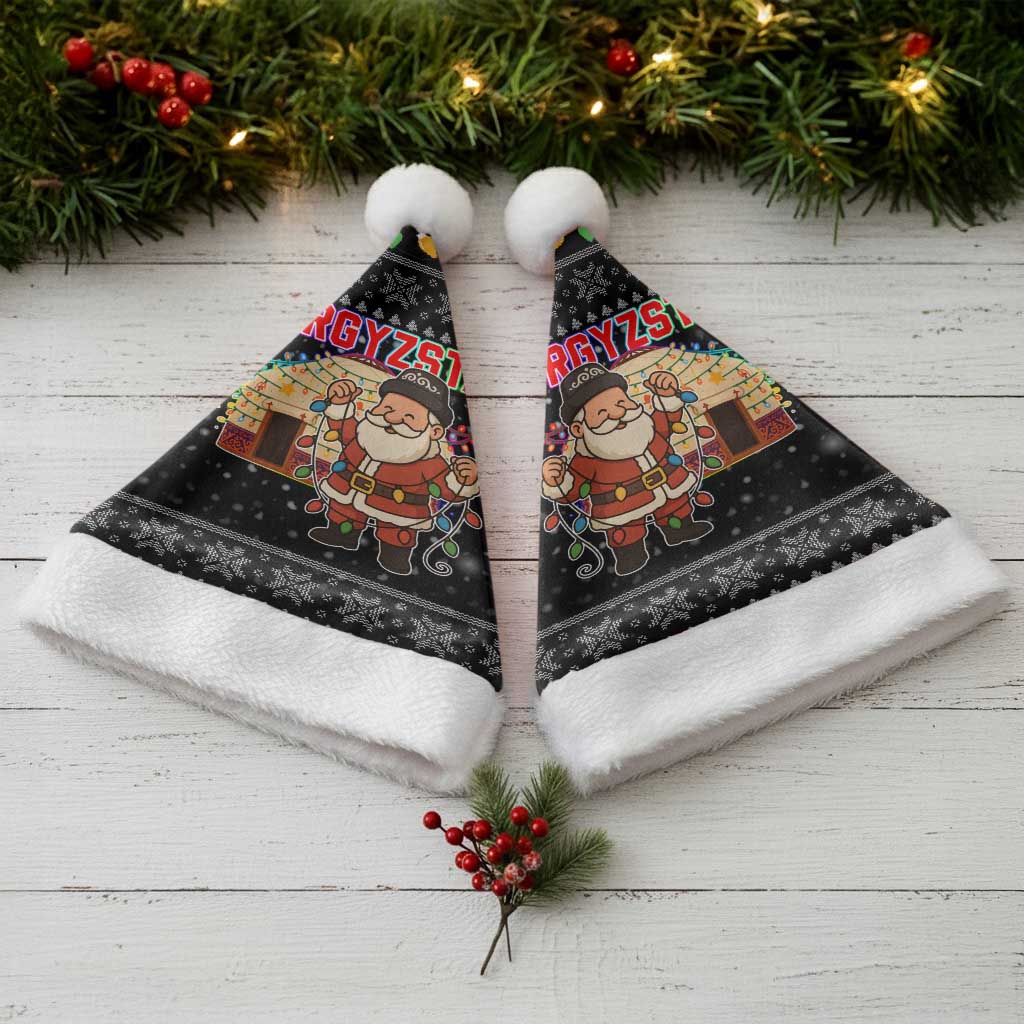 Kyrgyzstan Christmas Santa Hat with Santa Decorating Yurt Colorful Lights Snowflakes and National - Wonder Print Shop
