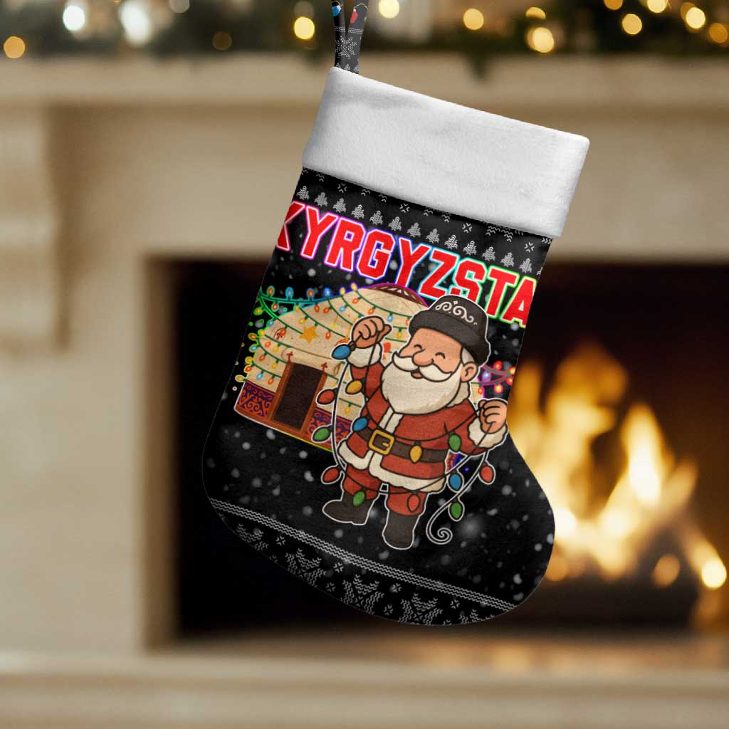Kyrgyzstan Christmas Stocking with Santa Decorating Yurt Colorful Lights Snowflakes and National - Wonder Print Shop