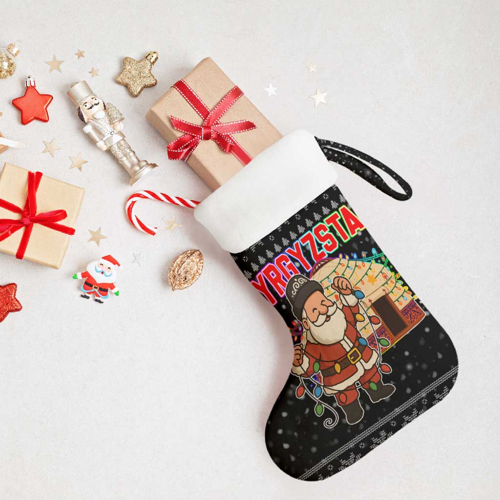 Kyrgyzstan Christmas Stocking with Santa Decorating Yurt Colorful Lights Snowflakes and National - Wonder Print Shop