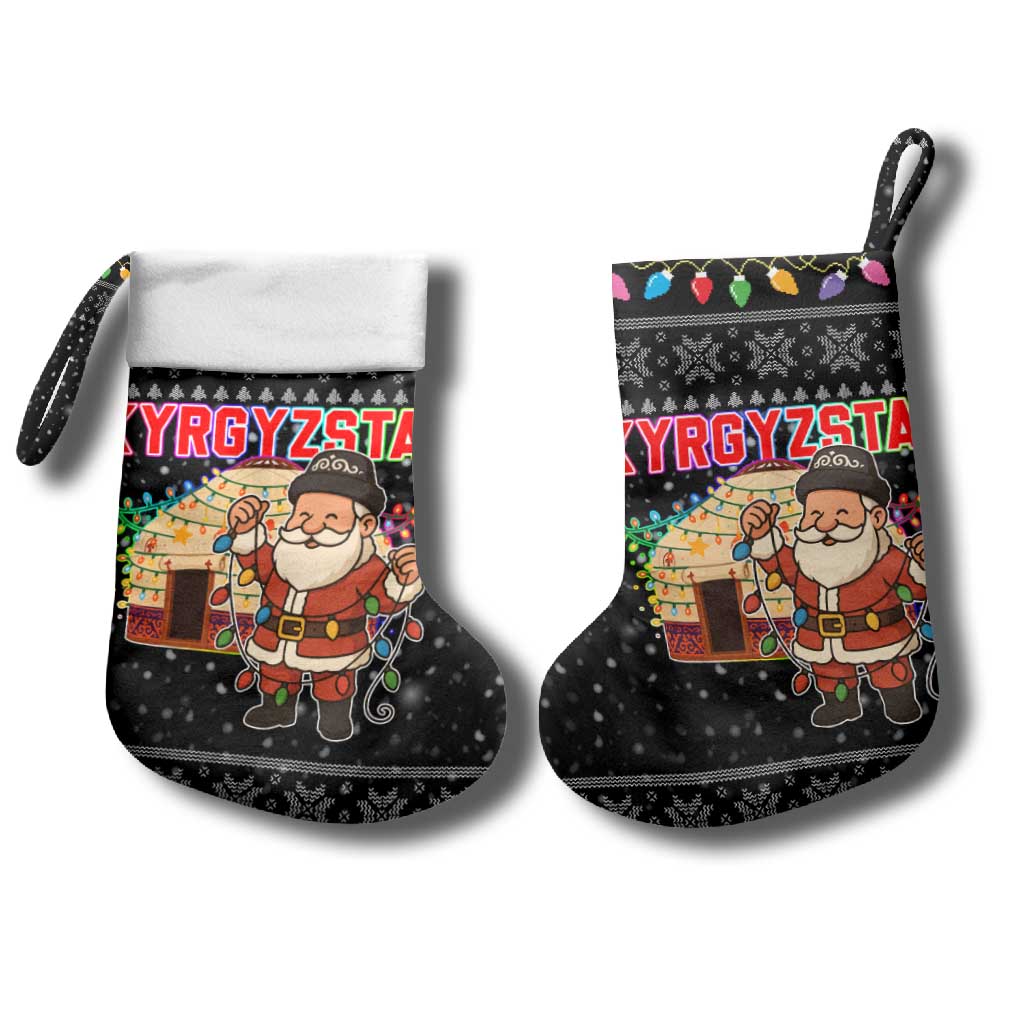 Kyrgyzstan Christmas Stocking with Santa Decorating Yurt Colorful Lights Snowflakes and National - Wonder Print Shop