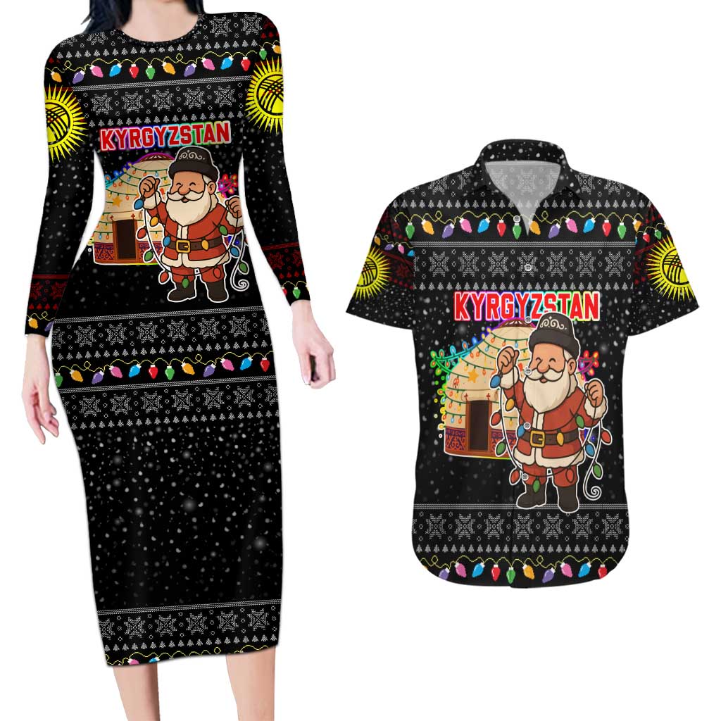 Kyrgyzstan Christmas Couples Matching Long Sleeve Bodycon Dress and Hawaiian Shirt with Santa Decorating Yurt Colorful Lights Snowflakes and National - Wonder Print Shop