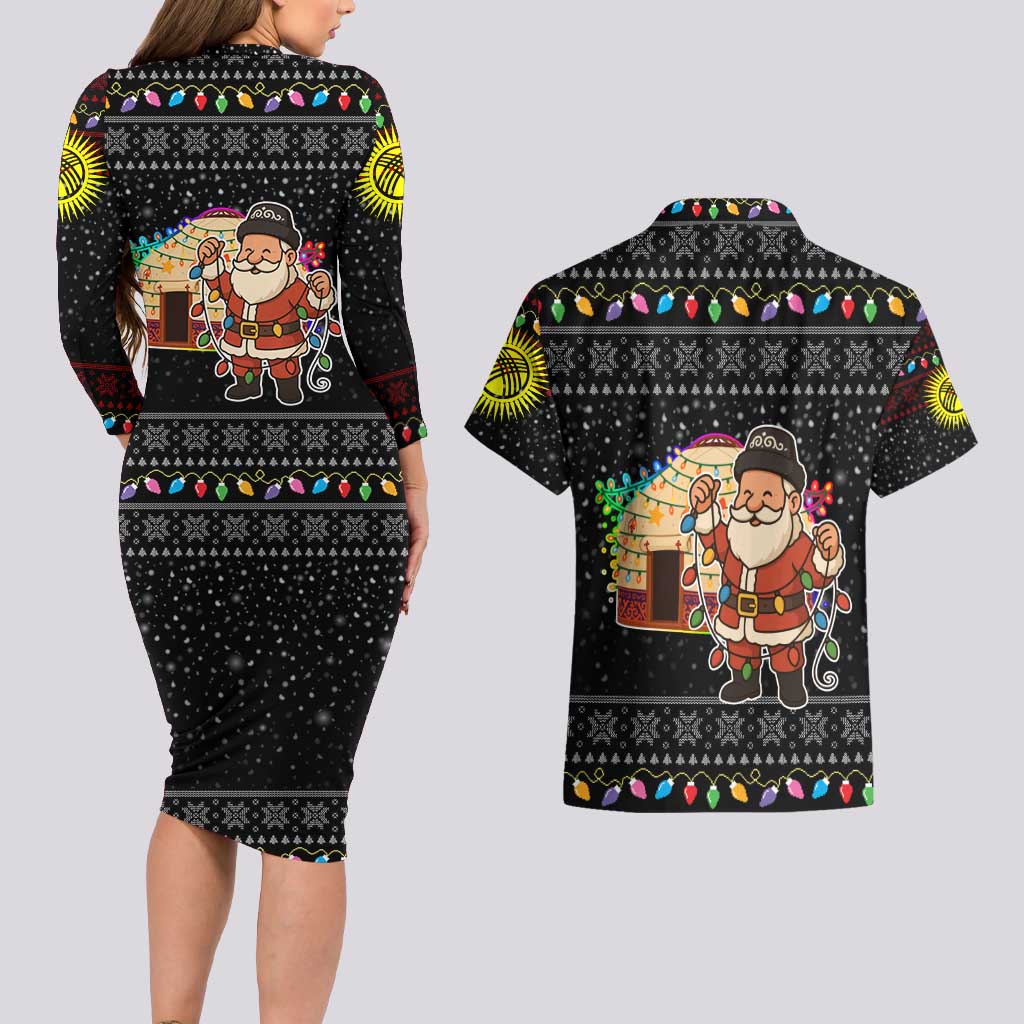 Kyrgyzstan Christmas Couples Matching Long Sleeve Bodycon Dress and Hawaiian Shirt with Santa Decorating Yurt Colorful Lights Snowflakes and National - Wonder Print Shop