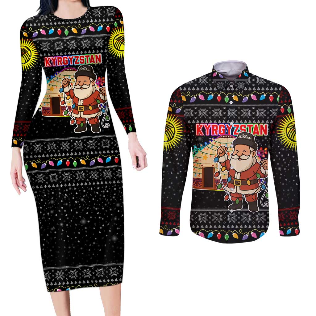 Kyrgyzstan Christmas Couples Matching Long Sleeve Bodycon Dress and Long Sleeve Button Shirt with Santa Decorating Yurt Colorful Lights Snowflakes and National - Wonder Print Shop