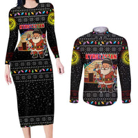 Kyrgyzstan Christmas Couples Matching Long Sleeve Bodycon Dress and Long Sleeve Button Shirt with Santa Decorating Yurt Colorful Lights Snowflakes and National - Wonder Print Shop