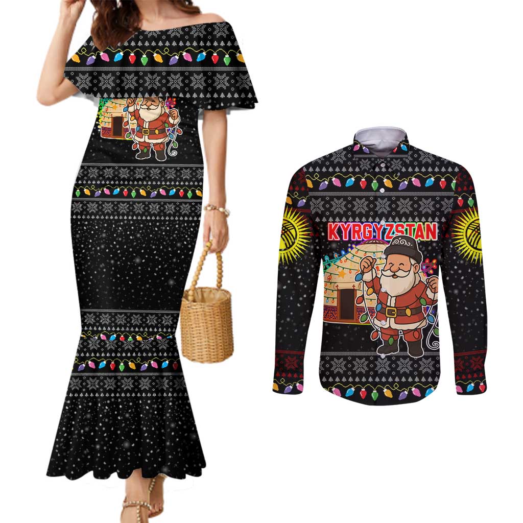 Kyrgyzstan Christmas Couples Matching Mermaid Dress and Long Sleeve Button Shirt with Santa Decorating Yurt Colorful Lights Snowflakes and National - Wonder Print Shop