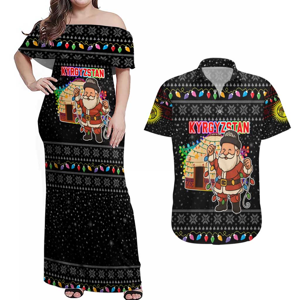 Kyrgyzstan Christmas Couples Matching Off Shoulder Maxi Dress and Hawaiian Shirt with Santa Decorating Yurt Colorful Lights Snowflakes and National - Wonder Print Shop