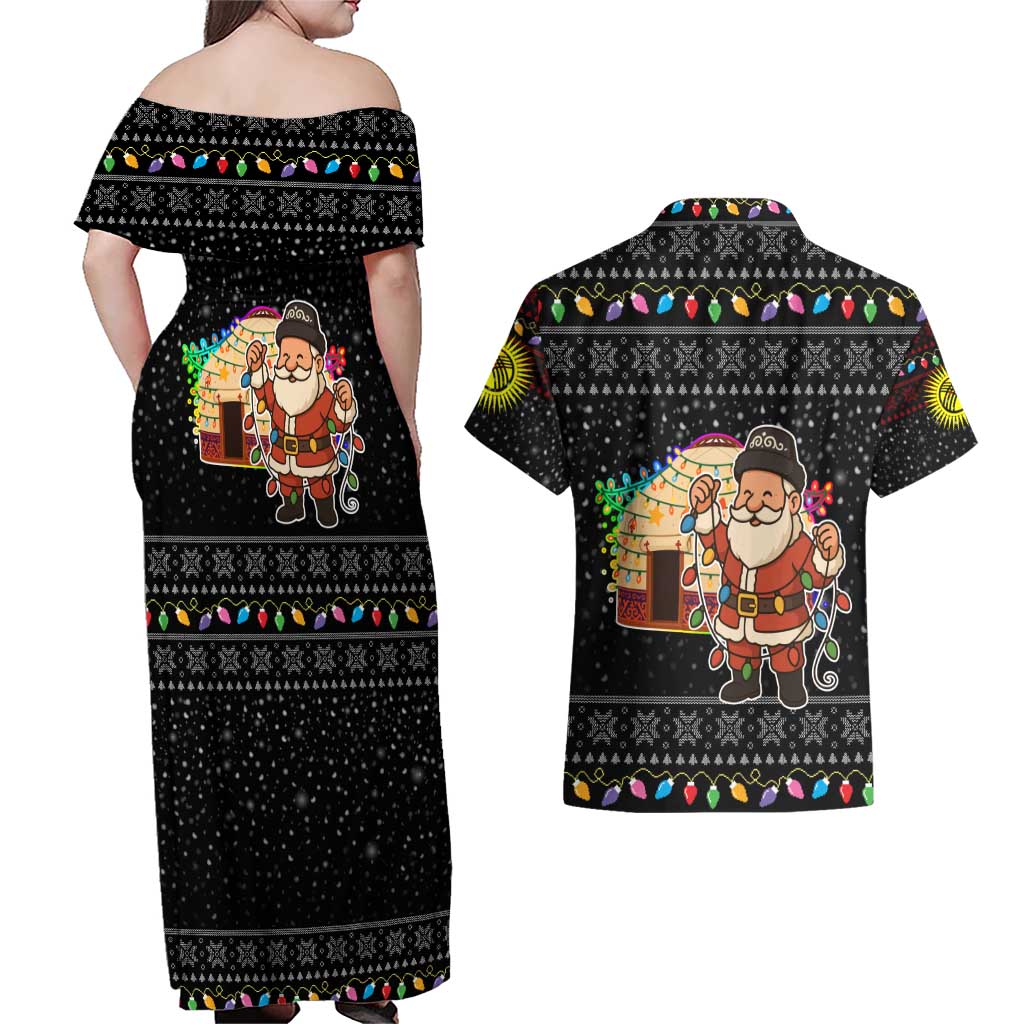 Kyrgyzstan Christmas Couples Matching Off Shoulder Maxi Dress and Hawaiian Shirt with Santa Decorating Yurt Colorful Lights Snowflakes and National - Wonder Print Shop