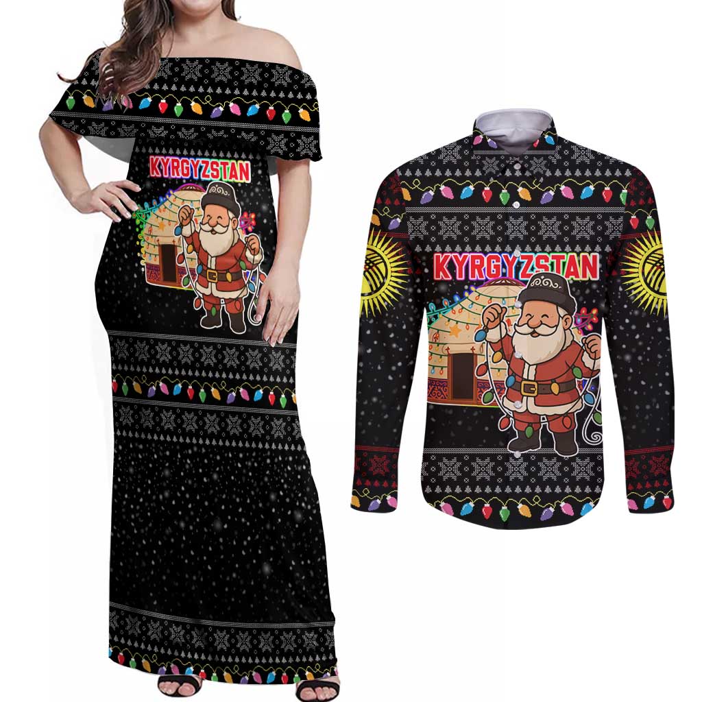 Kyrgyzstan Christmas Couples Matching Off Shoulder Maxi Dress and Long Sleeve Button Shirt with Santa Decorating Yurt Colorful Lights Snowflakes and National - Wonder Print Shop