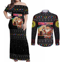Kyrgyzstan Christmas Couples Matching Off Shoulder Maxi Dress and Long Sleeve Button Shirt with Santa Decorating Yurt Colorful Lights Snowflakes and National - Wonder Print Shop