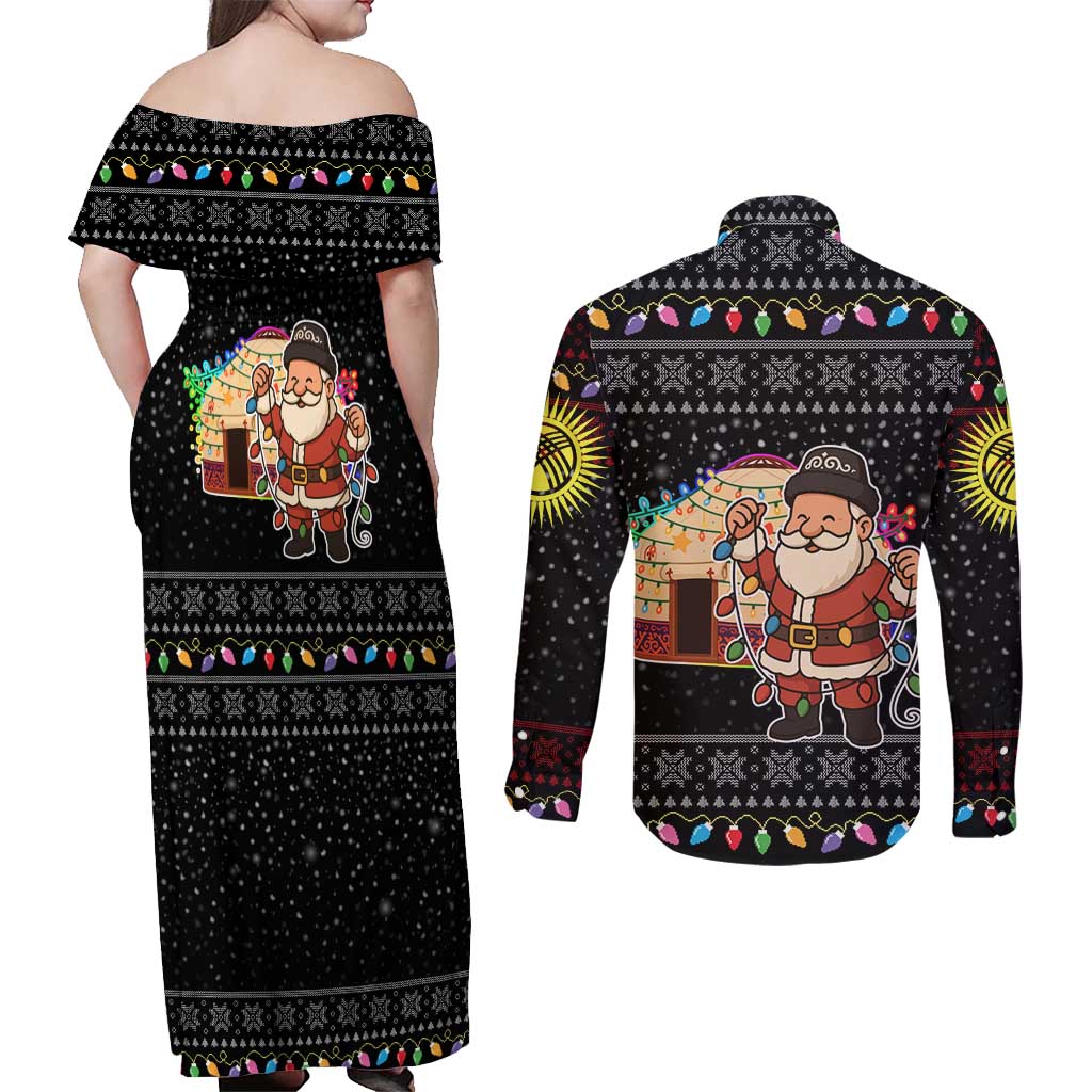 Kyrgyzstan Christmas Couples Matching Off Shoulder Maxi Dress and Long Sleeve Button Shirt with Santa Decorating Yurt Colorful Lights Snowflakes and National - Wonder Print Shop