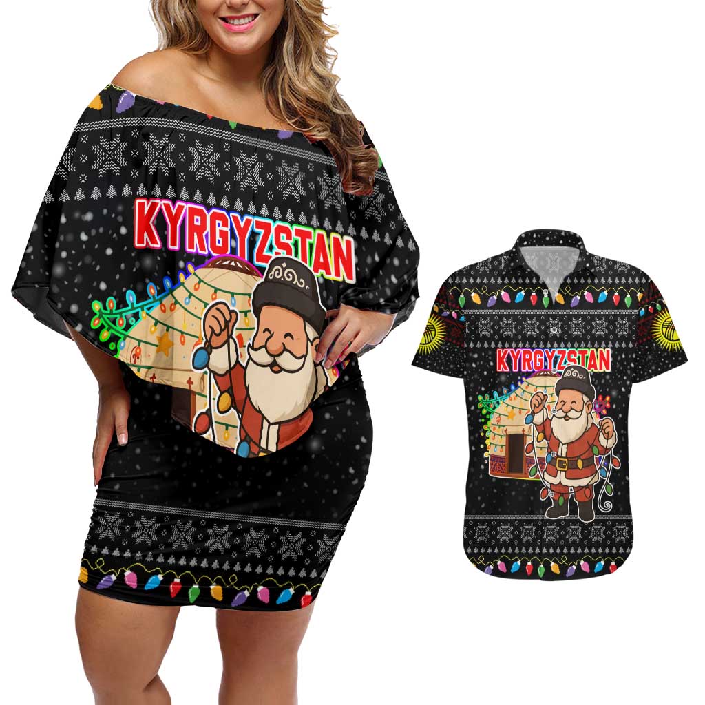 Kyrgyzstan Christmas Couples Matching Off Shoulder Short Dress and Hawaiian Shirt with Santa Decorating Yurt Colorful Lights Snowflakes and National - Wonder Print Shop