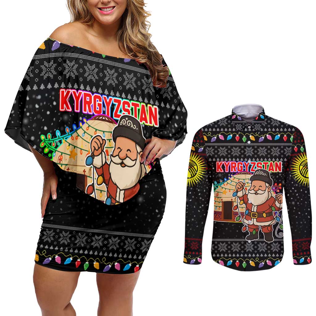Kyrgyzstan Christmas Couples Matching Off Shoulder Short Dress and Long Sleeve Button Shirt with Santa Decorating Yurt Colorful Lights Snowflakes and National - Wonder Print Shop