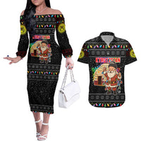 Kyrgyzstan Christmas Couples Matching Off The Shoulder Long Sleeve Dress and Hawaiian Shirt with Santa Decorating Yurt Colorful Lights Snowflakes and National - Wonder Print Shop