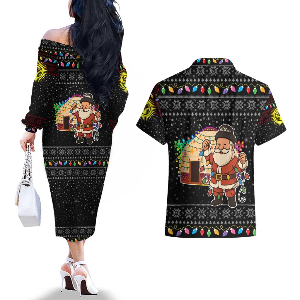 Kyrgyzstan Christmas Couples Matching Off The Shoulder Long Sleeve Dress and Hawaiian Shirt with Santa Decorating Yurt Colorful Lights Snowflakes and National - Wonder Print Shop